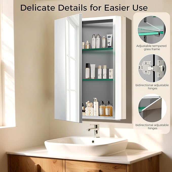 20 x 26 Inch Bathroom Medicine Cabinet with Beveled Edge Mirrored Door,Medicine Cabinet,Bathroom Mirror Cabinet,Home Medicine Cabinets with 2 Adjustable Shelves, Recessed or Surface Mount Installation