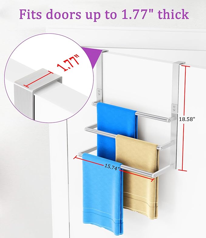 16Inch Over The Door Towel Rack, VOTZAAQ Stainless Steel Over Door Towel Holder, Door Towel Hanger with 3 Tier Towel Bars, Over Door Towel Storage for Bathroom, Brushed Nickel