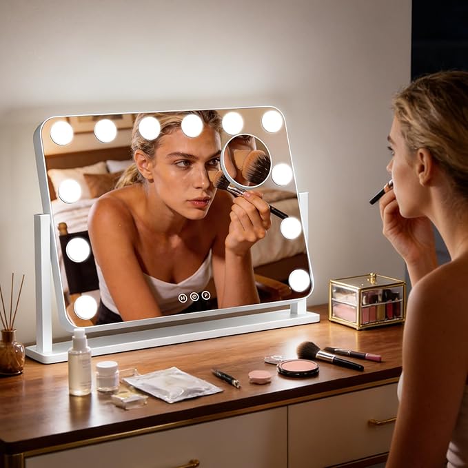 Vanity Mirror with Lights, 18"×14" Hollywood Makeup Mirror with 12 Dimmable Bulbs, 3-Color Lighting, Dimmable, 360° Rotation, 10x Magnification, Desk Mirror, Bedroom (White)