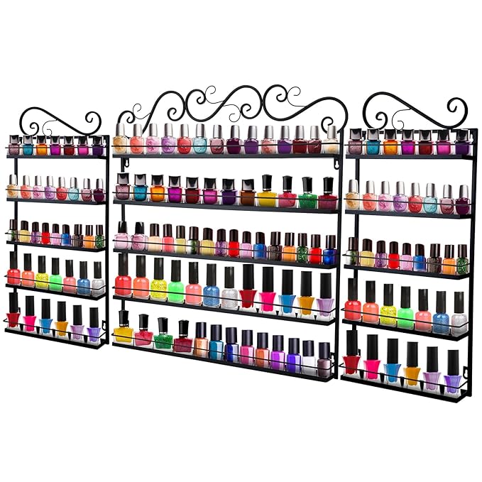 Sintuff 3 in 1 Nail Polish Rack Wall Mount Nail Polish Organizer 5 Tiers Shelf Storage Display Holder Stand Holds 200 Bottles for Home Salon Business Spa(Black)