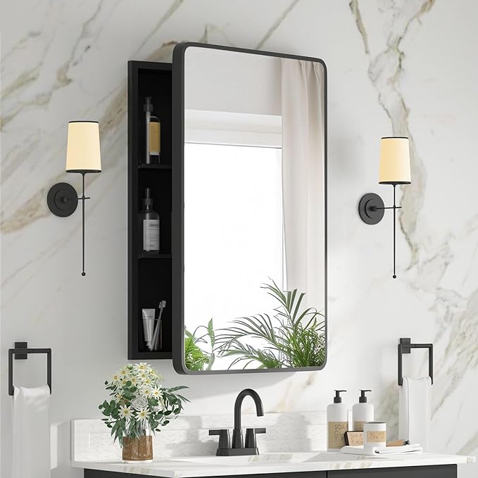 Medicine Cabinet 20 x 28 Inch, Black Bathroom Medicine Cabinet with Mirror,Metal Beveled Mirror, Adjustable Shelves, Recessed or Wall Mount, Sturdy & Solid, Bathroom Mirror with Storage