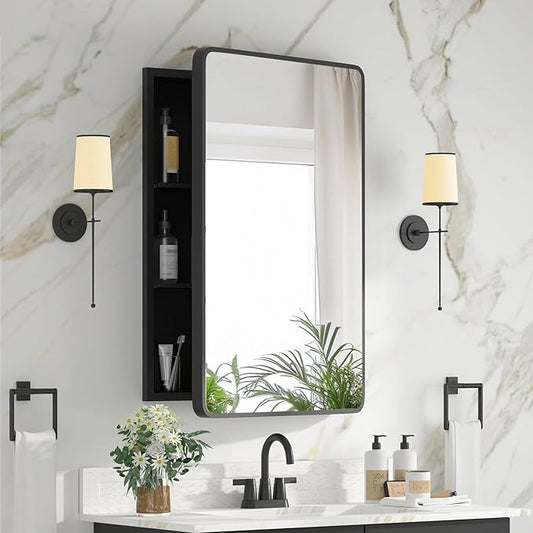 Medicine Cabinet 20 x 28 Inch, Black Bathroom Medicine Cabinet with Mirror,Metal Beveled Mirror, Adjustable Shelves, Recessed or Wall Mount, Sturdy & Solid, Bathroom Mirror with Storage