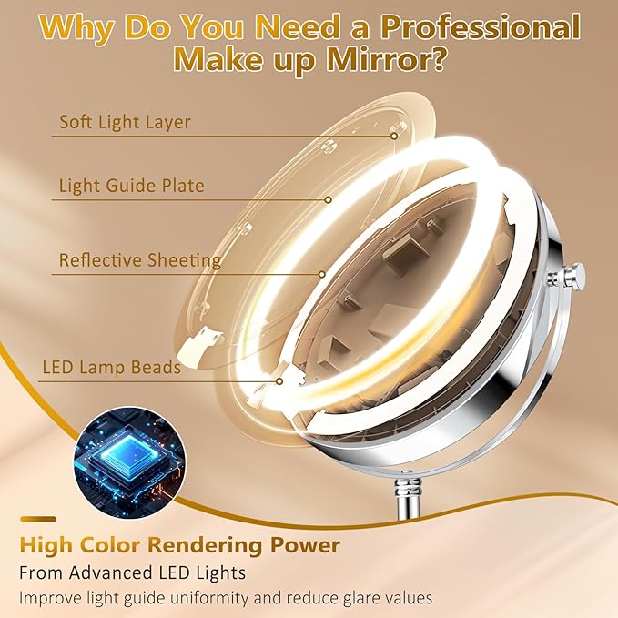 Vanity Mirror with Lights,4000mAh Rechargeable Double Sided Magnifying Mirror with 3 Colors Adjustable,1x/10x Lighted Makeup Mirror,360°Rotation Touch Screen with Memory Function,Women Gift