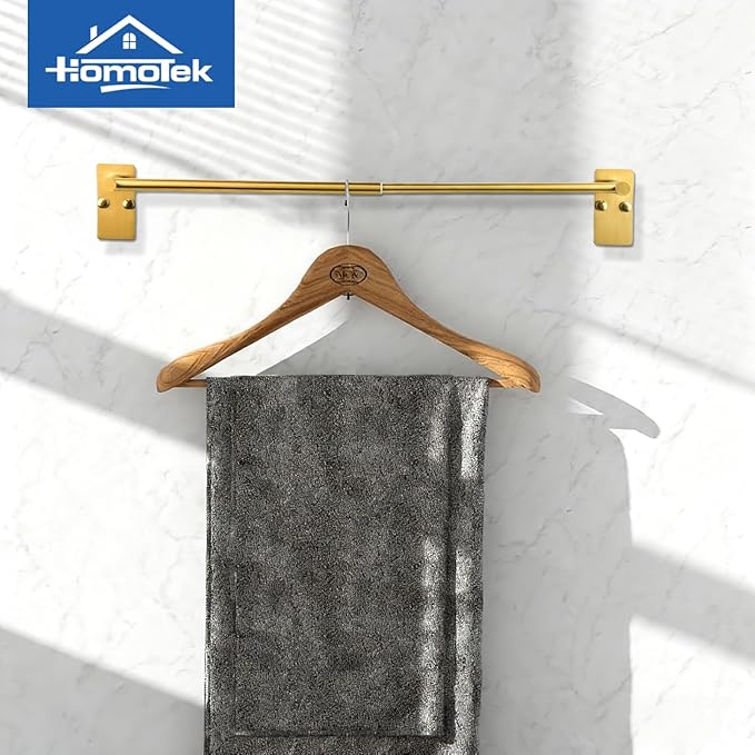 2 Pack Adhesive Adjustable Towel Bar, HOMOTEK Economical Self Stick Bathroom Towel Holders, Towel Rod Size from 12 Inch to 22 Inch Single Towel Rack, Towel Hanger for Kitchen(Gold)