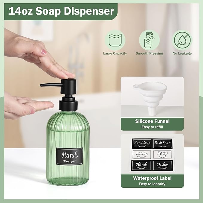 Shinowa Bathroom Accessories Set, 5 Pcs Clear Glass Bathroom Accessory Sets Complete with Soap Dispenser, Toothbrush Holder, Q-Tips Holder, Soap Dish, Ceramic Tray, Vanity Organizer, Green