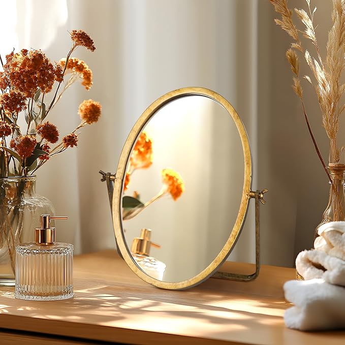 Vintage Makeup Desk Mirror, 11.8" L x 7.9" W Antique Gold Vanity Table Mirror, Metal Framed Oval Small Standing Mirrors, 360 Adjustable Rotation Mirrors for Tabletop, Bathroom