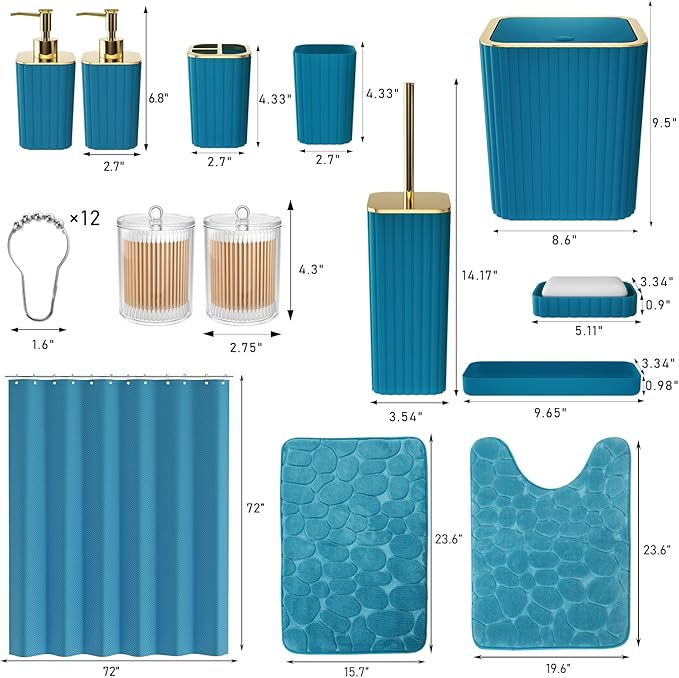 XLHOMO Bathroom Accessory Set - 25PC Teal Bathroom Set, Bathroom Set with Shower Curtain and Rugs, Bathroom Accessories Set, Shower Curtain Set, Trash Can & Soap Dispenser