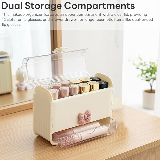 Clear Lid Lipstick Organizer with Bow Charm- Flip-Lid Compartment & Pull-Out Drawer Organizer for Makeup Accessories (Cream Yellow)