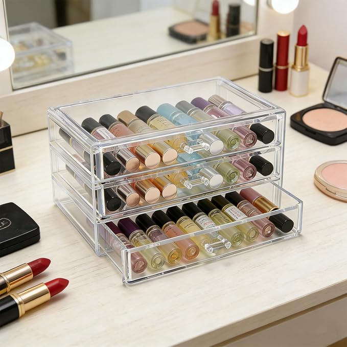 Acrylic Rollerball Perfume Organizer, 3-Layer Drawer Storage 40 Pcs perfume, Transparent Stackable Mini Perfume Holder for Travel/Sample Scentbird