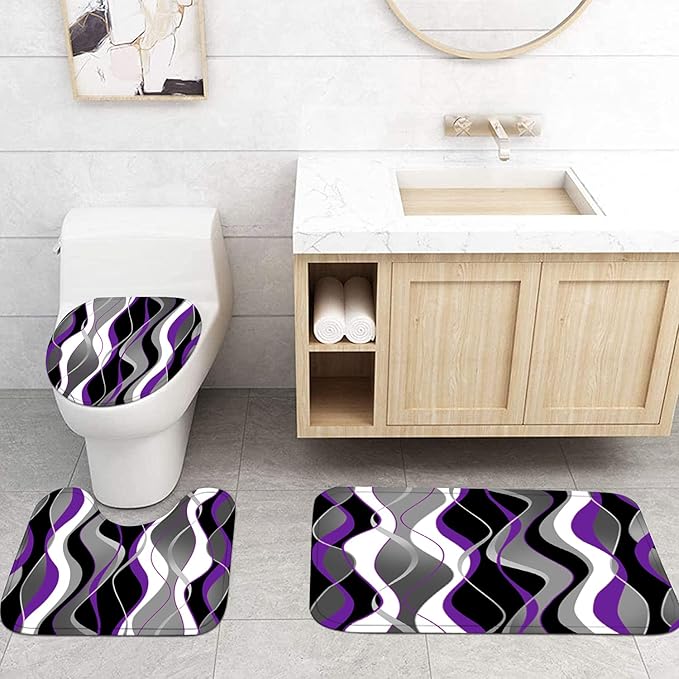 Nkzply 4 Pcs Purple Shower Curtain Black Bathroom Sets with Shower Curtain and Rugs Grey Modern Striped Shower Curtain Set White Bathroom Rugs Set Bathroom Decor and Accessories Toilet Lid Cover Hooks