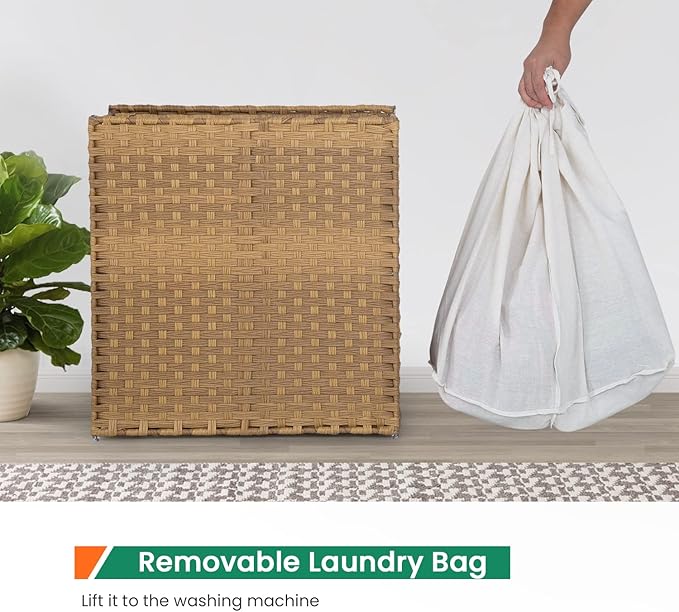 Paylesshere Laundry Basket Handwoven Laundry Hamper 90L/110L Foldable Rattan Laundry Hamper With Lid,2 Removable Liner Bags & 6 Bags,Clothes Bathroom Basket,Natural