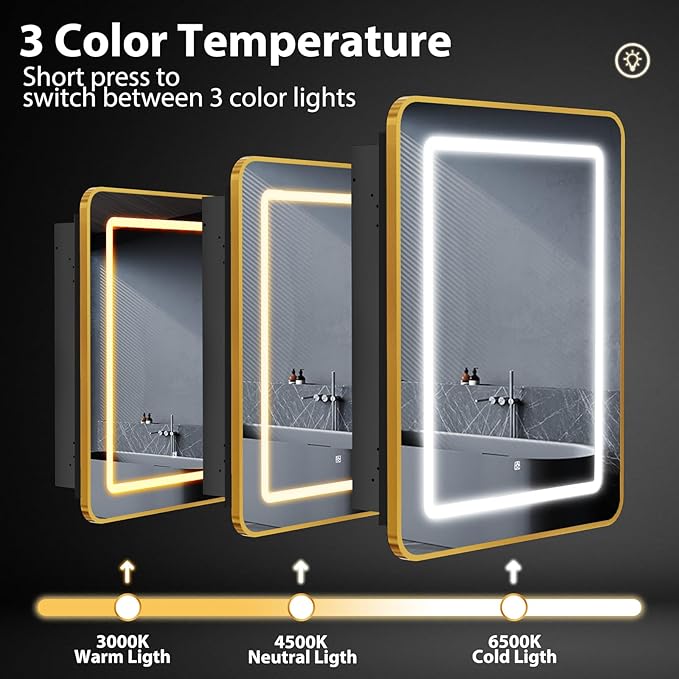 ROOMTEC Lighted Medicine Cabinet with Mirror, Wall Mounted Bathroom Mirror with Storage, Single Doors Bathroom Wall Cabinet with LED Lights,Gold,16"x24"