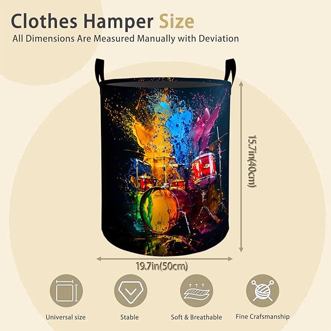 Drum Set Laundry Basket Hamper for Boys Girls Kids Adults, Foldable Waterproof Oxford Clothes Storage Bin, Colorful Paint Splash Music Art Organizer for Bedroom Bathroom Room Decor 19.7"x15.8"