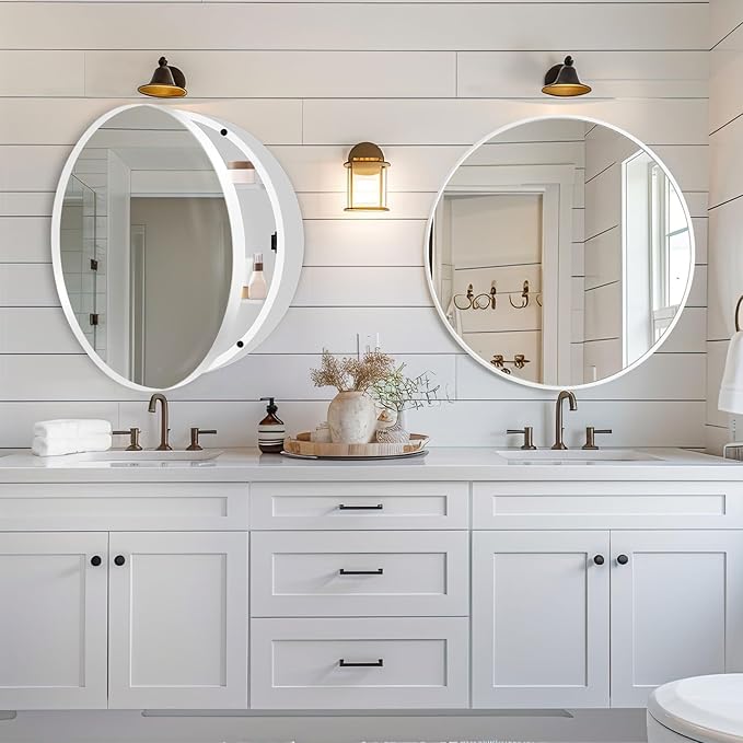 24 Inch Round Medicine Cabinet with Mirror, White Bathroom Medicine Cabinet for Wall Metal Framed, Surface Mount Only Circular Storage Cabinet with Vanity Mirror