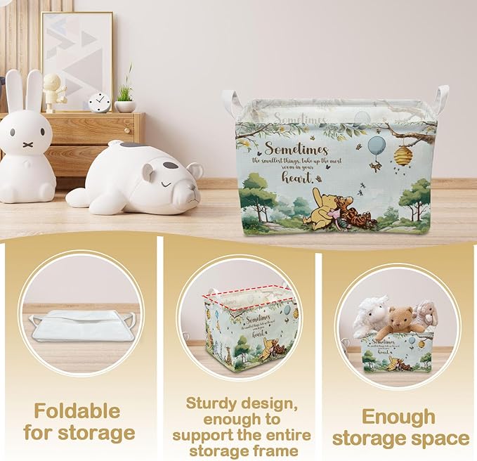 Blue Winnie Storage Basket with Handles, the Pooh Baby Stuff Storage Basket, Winnie Baby Nursery Hamper Decor, Foldable and Waterproof Canvas for Bathroom and Bedroom SetClothes,Toys Bin