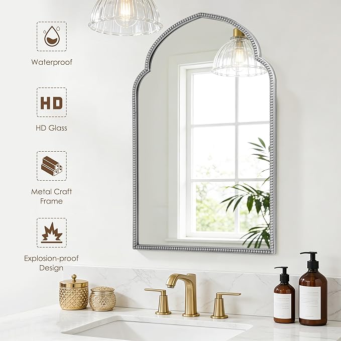 SogesHome Wall-Mounted Bathroom Mirror Cabinet, Irregular Arched Design, 19.7 x 29.9 Inch Retro Elegant Decoration Medicine Cabinet with Removable Shelves, Recessed Vanity Organizer, Silver