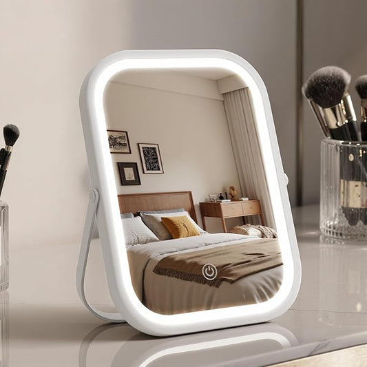 Vanity Mirror with Lights, 8"×6" LED Makeup Mirror Built-in 1500mAH Lithium Battery, Smart Touch with 3-Color Lighting, Dimmable, Lighted Up for Makeup Desk, Travel (White)