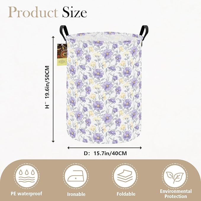 HUNRUNG Laundry Hamper,Large Canvas Fabric Lightweight Storage Basket Toy Organizer Dirty Clothes Collapsible Waterproof for College Dorms???Round-Purple Flowers???