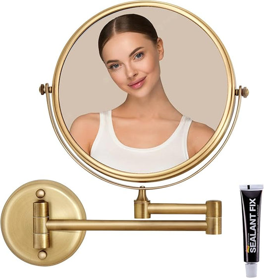 8 Inch Brass Bathroom Magnifying Mirror Wall Mounted 5X, 360 Swivel Extendable Arm Cosmetic Mirror, Home Bathroom Shaving Vanity Mirror, Brushed Antique Brass