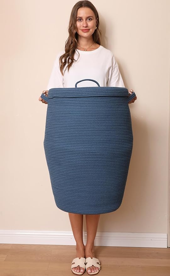 26"x20" Handcrafted Tall Cotton Rope Basket with Lid, Stylish Flagon Shape with Cover, Clothes Hamper with Top, for Bedroom and Living Room, All Dark Blue