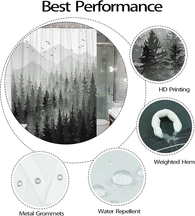 Accnicc Black and White Misty Forest Shower Curtain Ombre Dark Gray Mountain Pine Tree Waterproof Fabric Shower Curtains for Bathroom Grey Nature Woodland Decorative Bath Curtain Decor 72×72 Inches