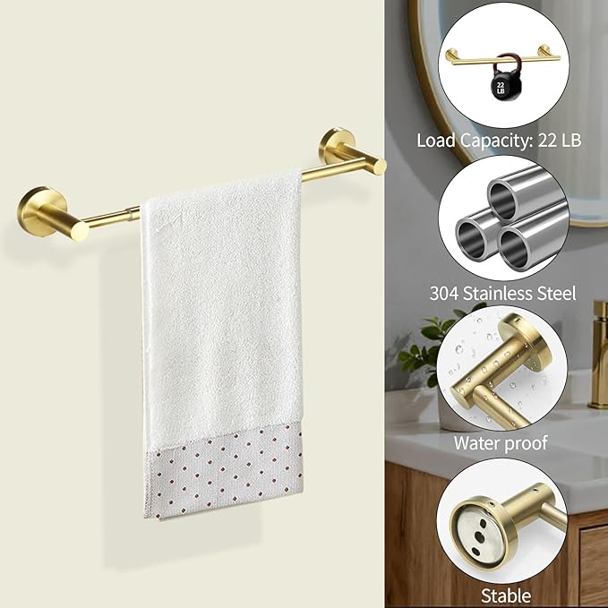 Towel Racks for Bathroom,Adjustable Single Towel Bar(16inch-25.5inch) Sturdy and Rustproof Towel Bar Wall Mounted for Bathroom Kitchen Washroom (A-Gold)