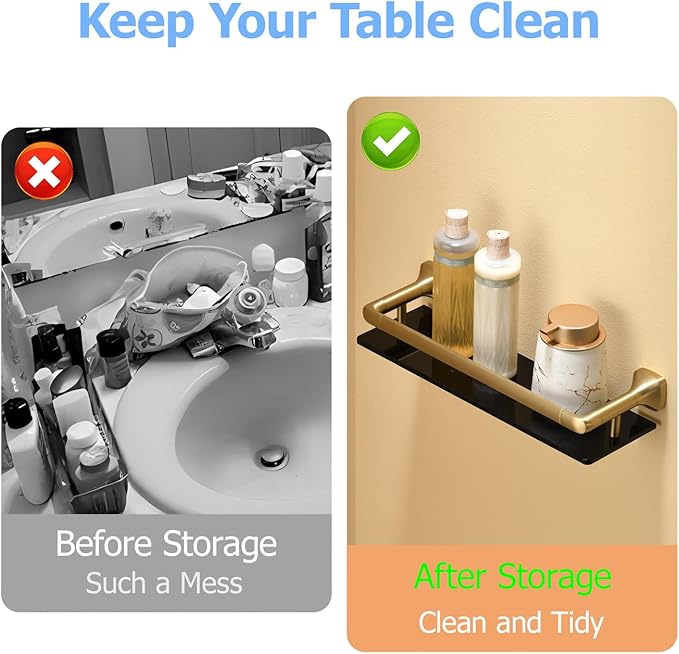 16-Inch Bathroom Glass Shelf, Rectangular Floating Shelves, Brushed Gold Wall Organizer with Black Tempered Glass & Safety Railing