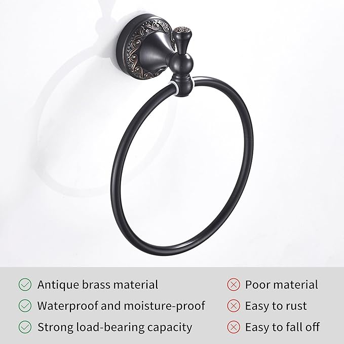 Oil Rubble Bronze Brass Bath Towel Ring, Wall Mounted Black Bathroom Hardware Accessories, Pattern Carving Design