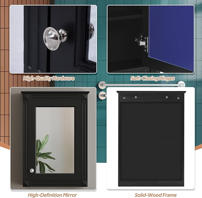 Merax Bathroom Medicine Cabinet with Mirror Door & Adjustable Shelves, 20" x 28" Wall Mounted Bathroom Storage Cabinet with Mirror, Over The Toilet