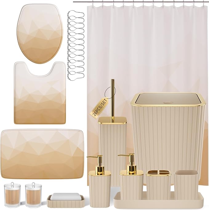 XLHOMO Bathroom Accessory Set - 26PC Bathroom Shower Curtain and Rug Set, Bathroom Accessories Set, Beige Bathroom Set with Trash Can, Toilet Brush, Qtip Holder & Soap Dispenser