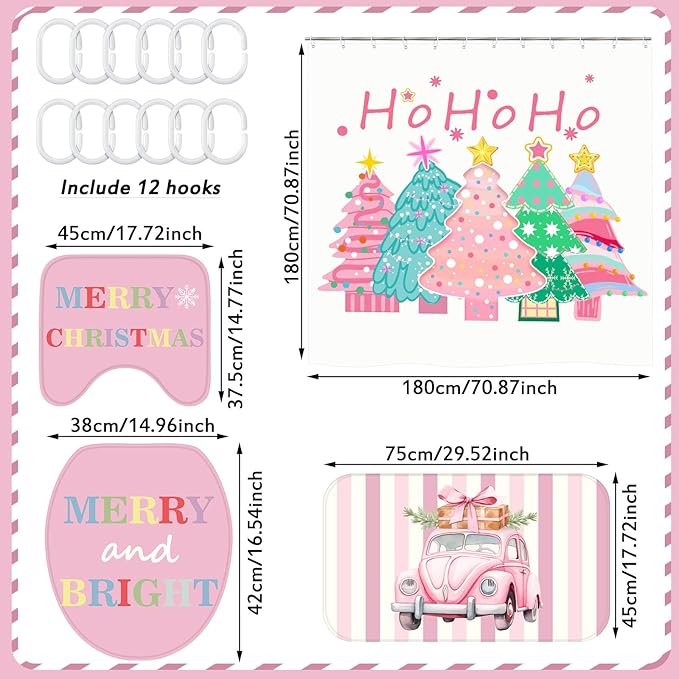Drydiet 4 Pcs Christmas Shower Curtain Set Bathroom Decoration Non Slip Rugs Mat Toilet Lid Cover Shower Curtain for Xmas Holiday Farmhouse Home Bathroom Decor(Pink Christmas)