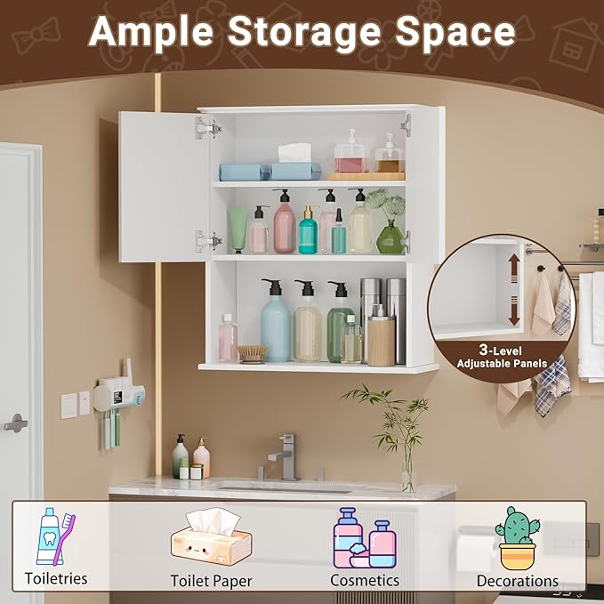 White Bathroom wall Cabinet,Over the Toilet Storage Cabinet,Bathroom and Laundry Wall Mount Storage Medicine Cabinet with Open and Adjustable Shelf,Easy Assembly (Style B-1 PC, White)