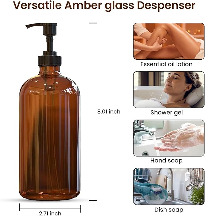 Sunrise Premium 16 OZ Amber Glass Soap Dispenser with Pump, Hand and Dish Soap Dispenser Set for Bathroom with 12 Waterproof Labels, Pack 4