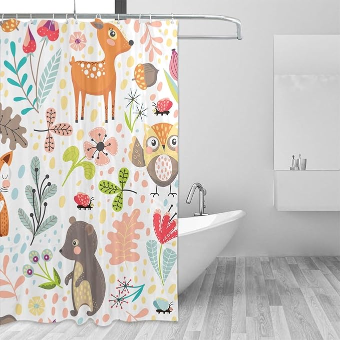 Kids Baby Woodland Shower Curtain Animals Cartoon Girls Children's Cute Cartoon Funny Colorful Weeds Plants Fox Waterproof Fabric Bathroom Decor 72x72 Inches(183x183cm), Style-13