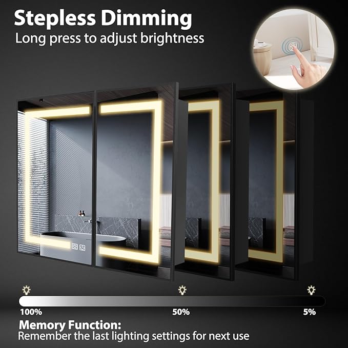 ROOMTEC Lighted Medicine Cabinet with Mirror 40"x32", Wall Mounted Bathroom Mirror with Storage, 2 Doors Bathroom Wall Cabinet with LED Lights, Black