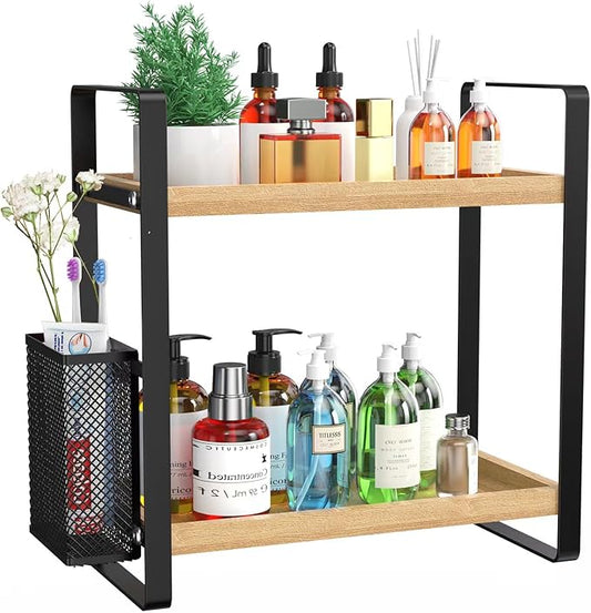 LEMIKKLE 2-Tier Wood Bathroom Counter Organizer with Basket,Waterproof Vanity Skincare Storage for Bathroom, Kitchen, Dresser