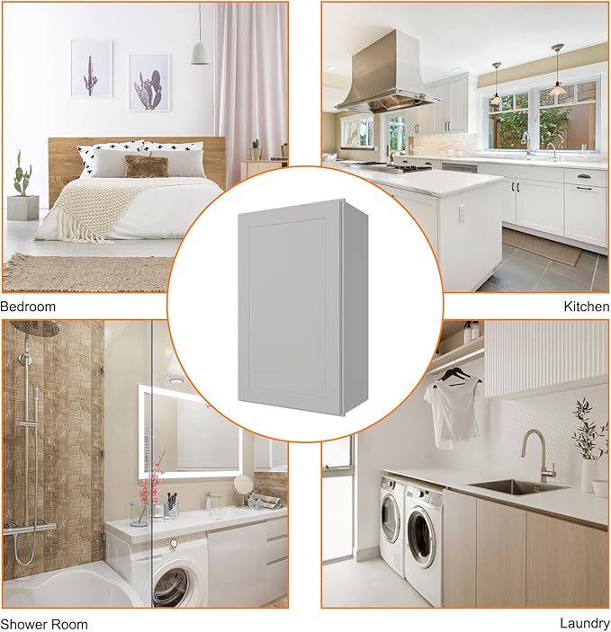 ROOMTEC (Light Gray Wood Wall Cabinet, RTA Single Door Medicine Cabinet with Adjustable Shelves and Soft-Close Door for Kitchen, Bathroom, and Laundry. 12" D*18" W*30" H