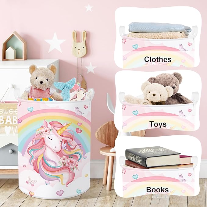 Clastyle 45L Large Pink Unicorn Rainbow Kid Laundry Hamper for Girl Collapsible Heart Butterfly Clothes Toy Nursery Storage Basket with Lid