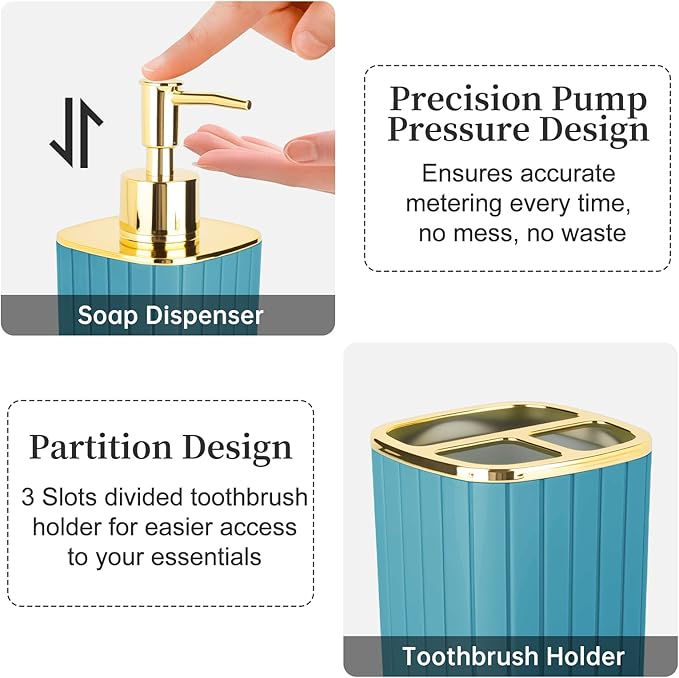 2PCS Bathroom Accessories Set, Teal Blue Bathroom Accessories Include Soap Dispenser and Toothbrush Holder for Boho Bathroom Decor