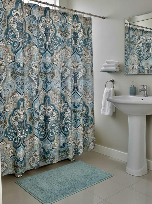 Serafina Home Decorative Blue & Brown Boho Fabric Shower Curtain, Modern Farmhouse for Vintage Rustic Bathroom Decor, Floral Victorian, 72 x 72