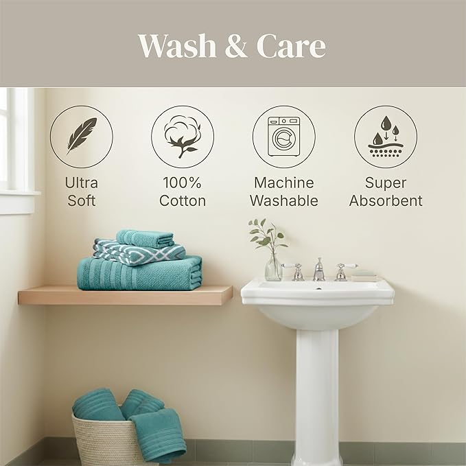 Modern Threads Classic Diamond 6-Piece 100% Cotton Towel Set – Yarn Dyed Jacquard – Includes 2 Bath Towels, 2 Hand Towels, 2 Washcloths – Absorbent, Quick Dry, Soft & Durable – Aqua