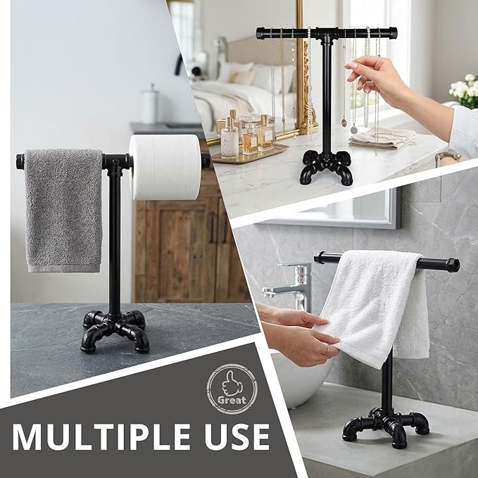 Rustic Pipe Hand Towel Holder Free Standing Towel Rack Industrial T-Shape Towel Storage for Bathroom ROXLLGJC