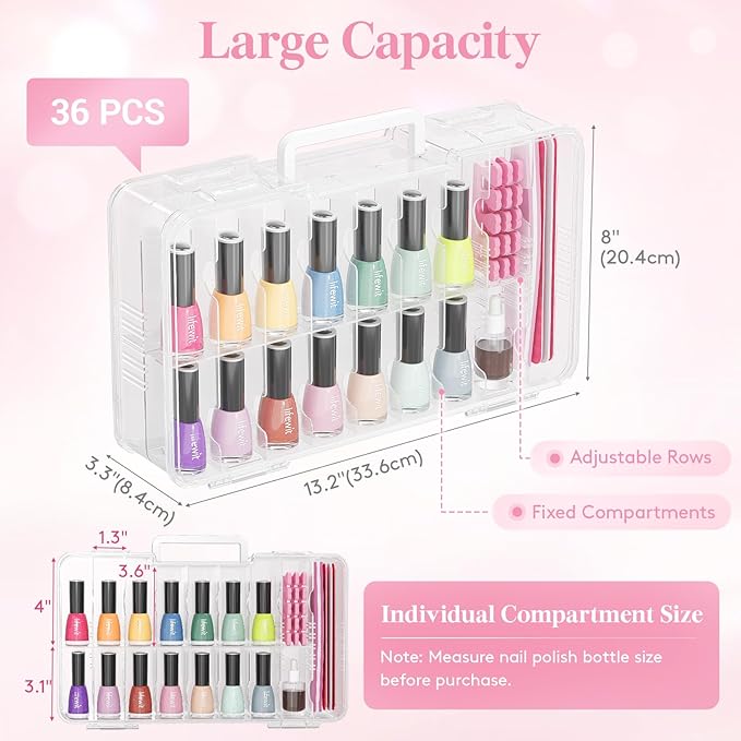 Lifewit Nail Polish Organizer Case for 36 Bottles with 8 Adjustable Sections, Portable Sturdy Gel Nail Polish Storage Holder with 4 Nail Separators, Clear, 33 × 8 × 20 cm/13 x 3 x 8 inch, 2 Pack