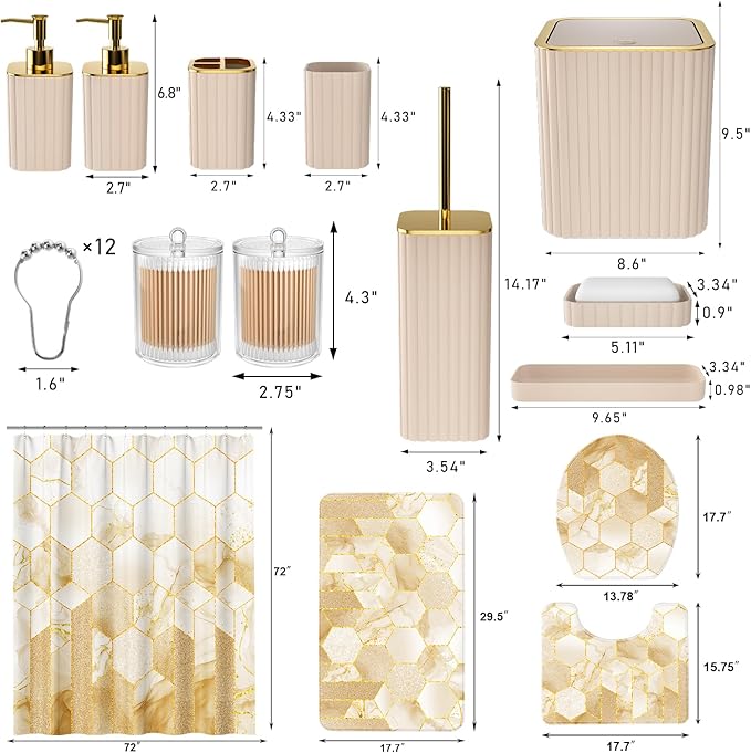 XLHOMO Bathroom Set - 26PC Bathroom Set with Shower Curtain and Rugs, Bathroom Accessory Set, Beige Bathroom Accessories Set, Trash Can & Soap Dispenser