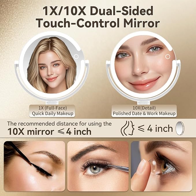 Makeup Mirror with Lights, Double Sided 1x/10x Magnifying Mirror，Rechargeable 3 Color Lights & Adjustable Brightness and Height LED Vanity Mirror, 360° Rotation Detachable Travel Make Up(White)