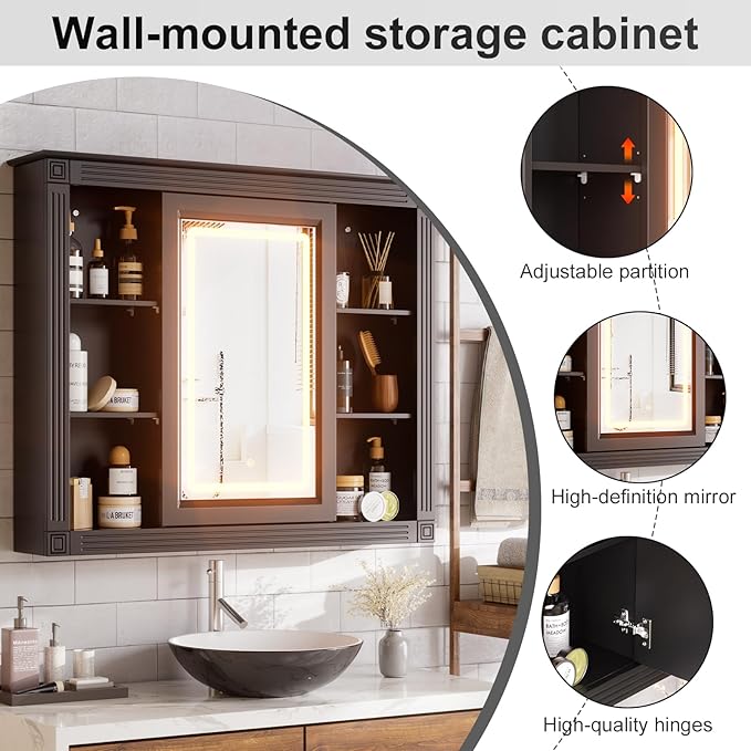 PAKASEPT Bathroom Medicine Cabinet with Mirror, Wood Medicine Cabinet Over The Toilet Storage Organizer with Mirrored Doors, Bathroom Wall Mirror Cabinet