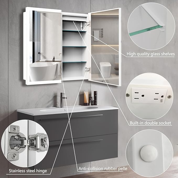 Medicine Cabinet with Led, 26X32 Inch Lighted Medicine Cabinet with Anti-Fog Mirror, 3 Glass Shelves, Dimmable LED, Recessed or Surface Mount Bathroom Smart Mirror Cabinet