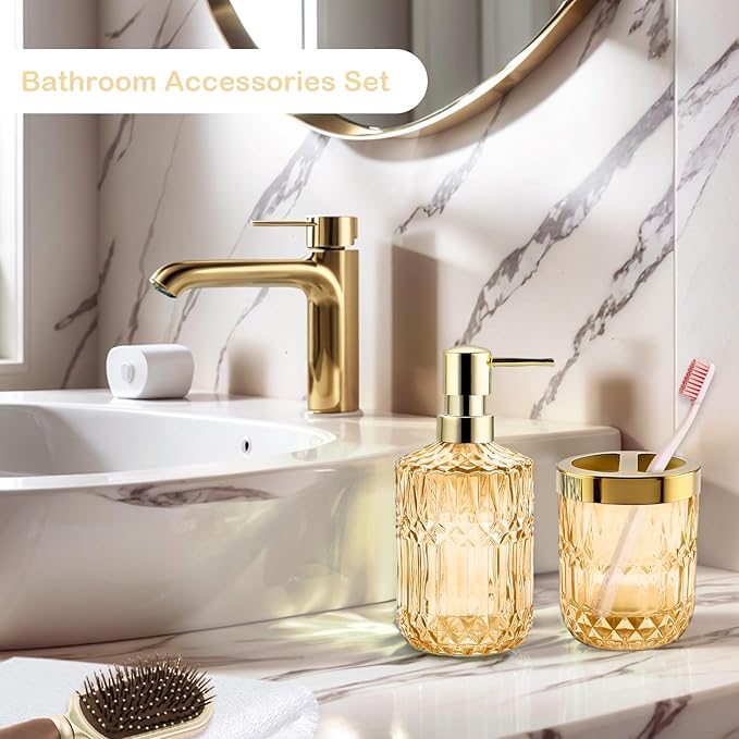 2Pcs Golden Bathroom Accessories Set, Glass Bathroom Accessories, Vintage Bathroom Countertop Decoration Includes Soap Dispenser, Toothbrush Holder