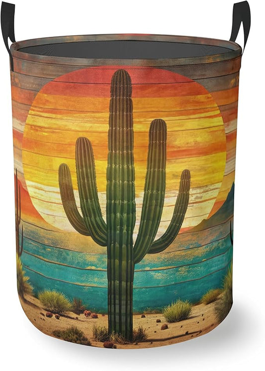 Tropical Cactus Laundry Basket With Handles Tote Bag Oxford Cloth Funny Laundry Hamper Clothes Storage Bucket Toy Organizer 16" X 20.8"For Bathroom/Laundry/Bedroom