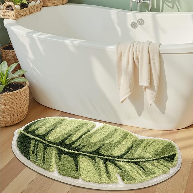 LUMI Cute Bathroom Rugs with Green Leaf Plant, Soft, Fluffy, Plush, Absorbent, Quick Dry, Non Slip, Machine Washable for Shower Floor, Bathroom, Bedroom,Kids Room, 19.5"x39.5", Palm Leaf